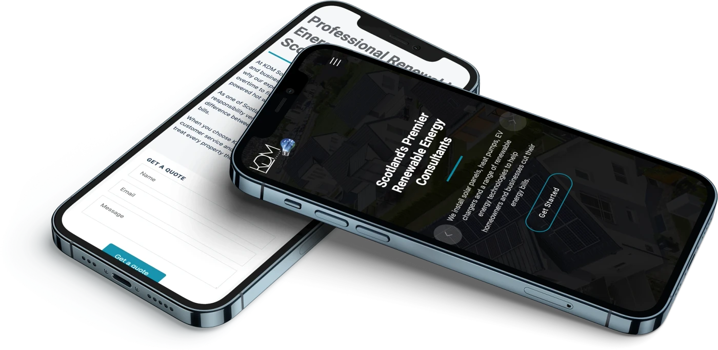 KDM Solar website shown on two phones